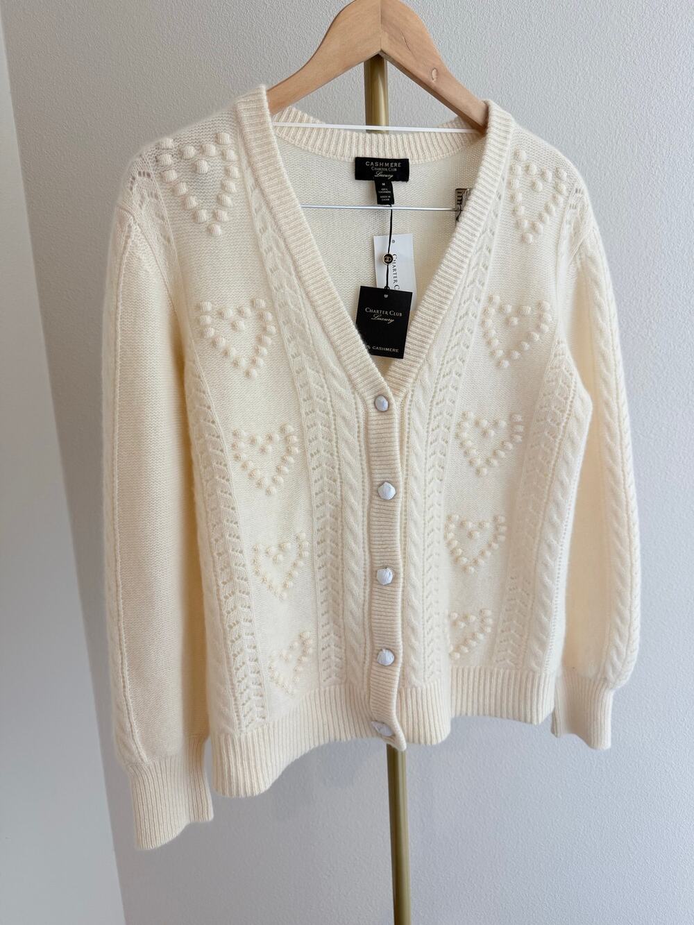Charter Club NEW 100% Cashmere Embellished Cable-Knit Boyfriend Cardigan Fall